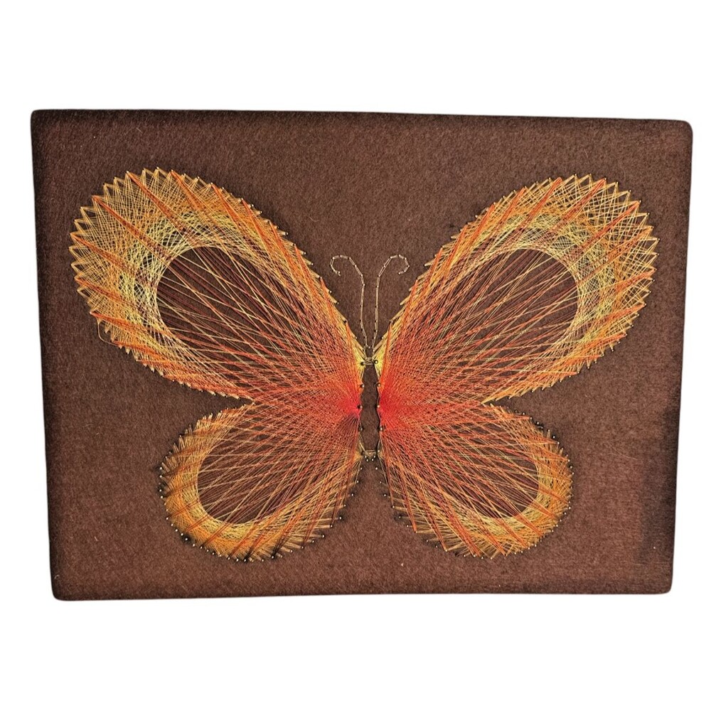 Vintage 1970s Butterfly String Art Nail Thread Wall Hanging MCM Boho Decor